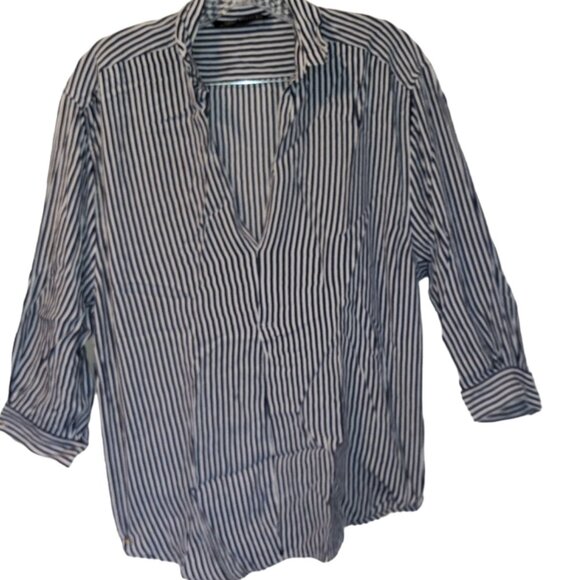 ZARA WOMAN Blouse Size Small Pullover 3/4 Cuff Sleeve Blue/White Stripe - Picture 4 of 7